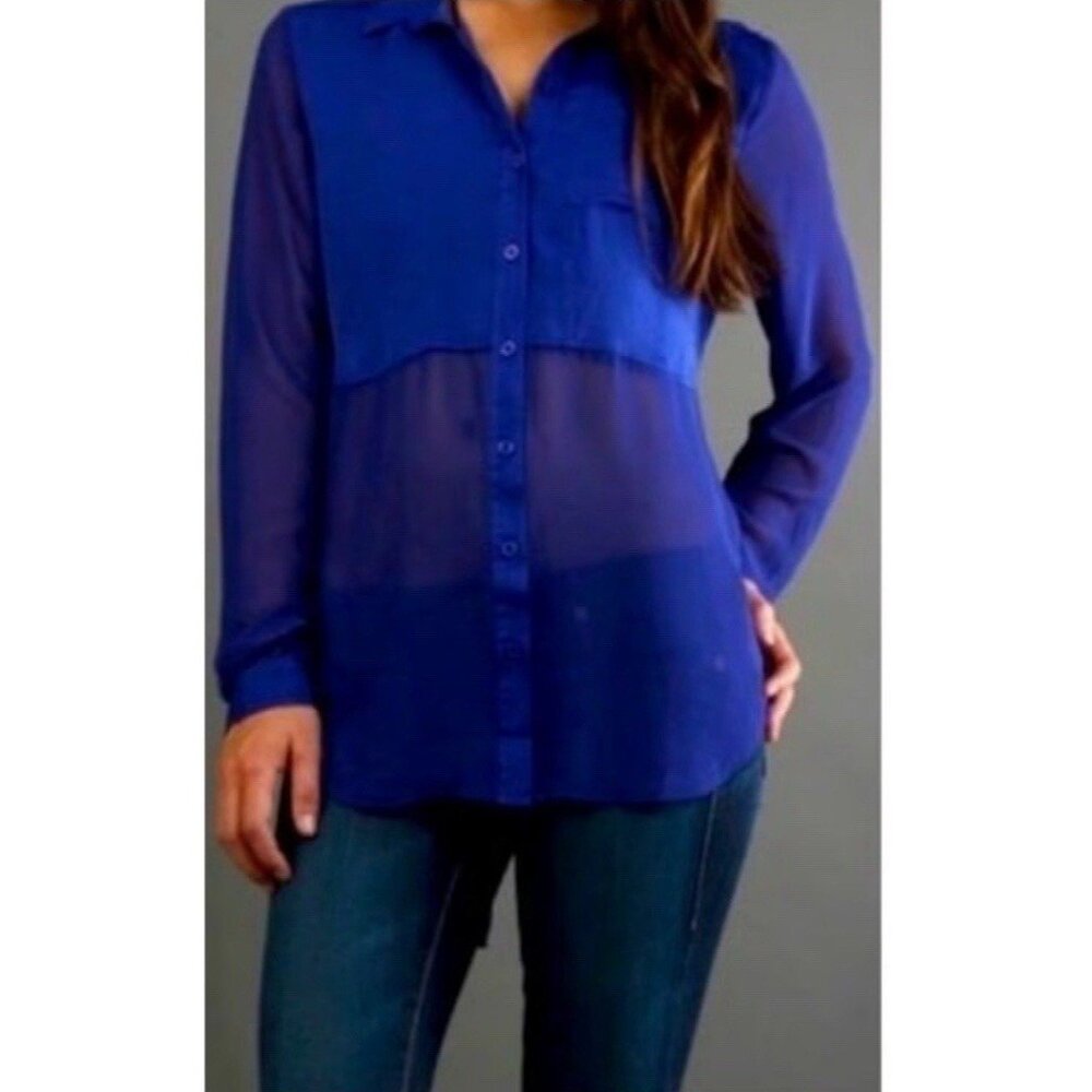 Free People Top Shirt Womens Size Small Sheer Blue Button Up Long Sleeve 083